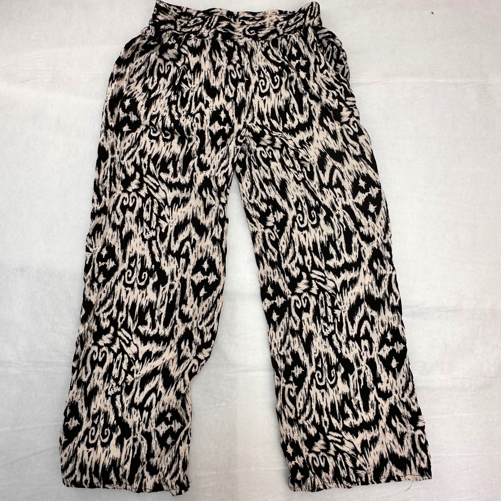 For Cynthia Womens Wide Leg Pants Black Cream Ikat Abstract Smocked Waist Medium